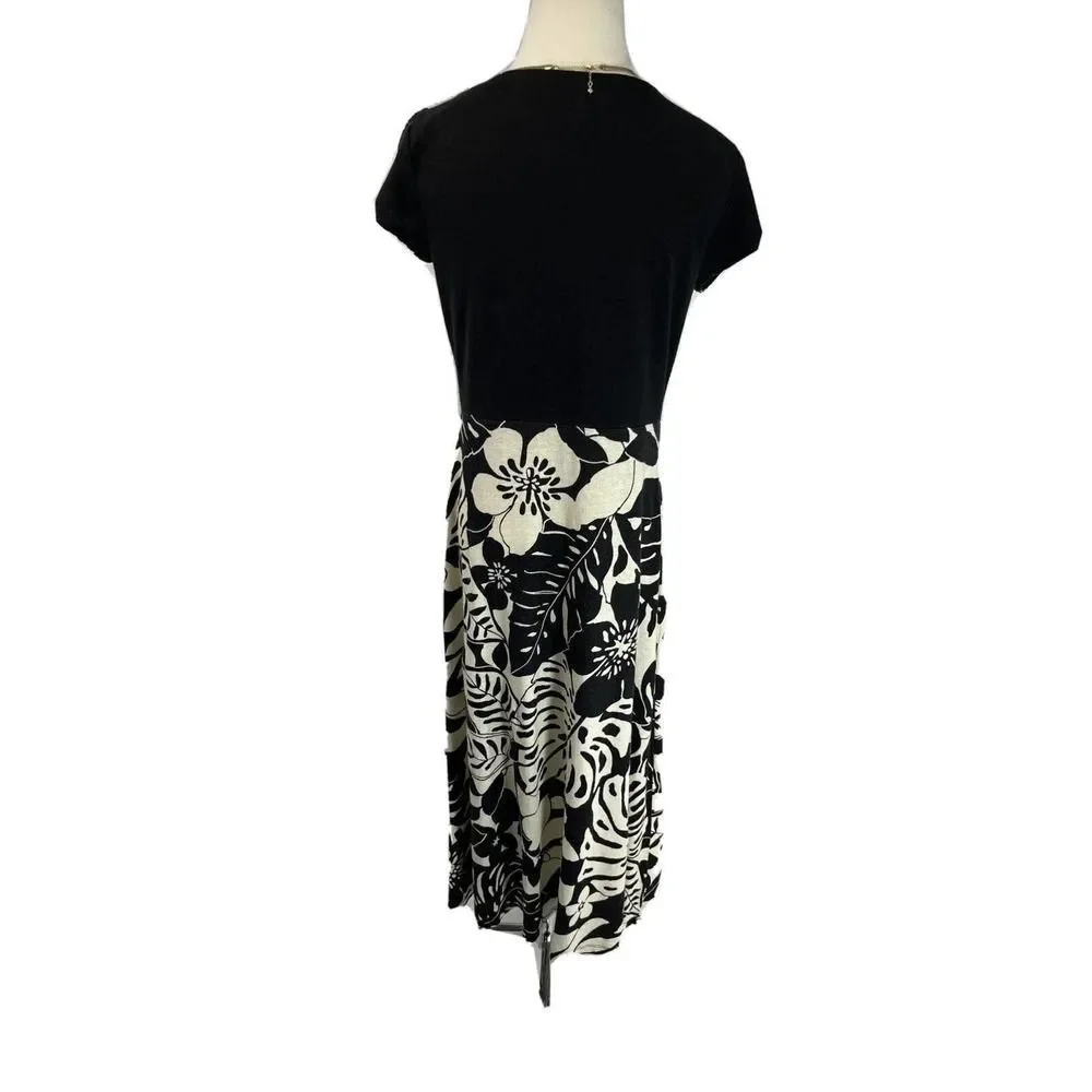 Tommy Bahama Womens Size Small Linen Blend Midi Dress Black Cream Tropical Print - Picture 3 of 12